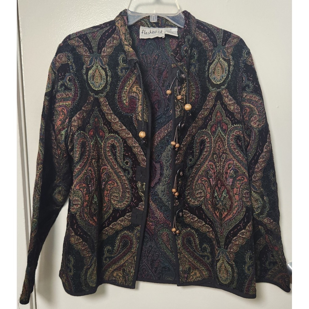 Flashback Womens Tapestry Tassel Button Jacket M Vintage Art to Wear Artsy Boho